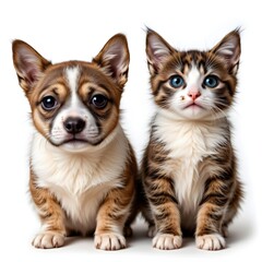 Obraz premium Cute Puppy and Kitten Sitting Together with Expressive Faces Against a White Background