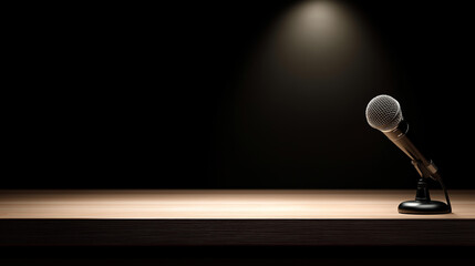 Microphone left alone on stage equipment, solitary performance tool, entertainment venue preparation, minimalist staging, dramatic atmosphere, professional audio gear, theatrical s