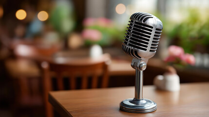 Retro microphone on stage in cozy restaurant setting, ready for live music speech or standup show, intimate performance venue, entertainment space preparation, vocal equipment disp