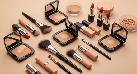 Assorted Makeup Products on Beige Surface &ndash; Flat Lay with Brushes, Lipsticks, Powders, and Foundation
