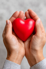 Fototapeta premium close-up of hands holding a red heart on a gray background, top view. heart health care concept with copy space for text. love and self-care day, business stock photo. high-quality