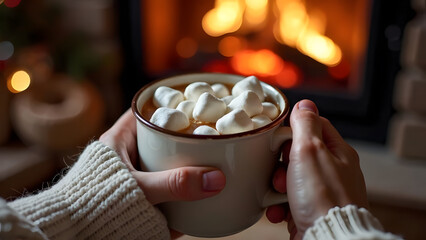 Hands Holding Mug of Hot Chocolate with Marshmallows by Fireplace