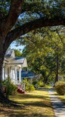 antebellum. Historic southern homes under ancient oak trees in a district. real-estate listings, architecture portfolios, designed for real-estate listing and luxury residence showcases.

