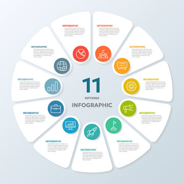 11 circle infographic options. Modern infographic design with business icons.
