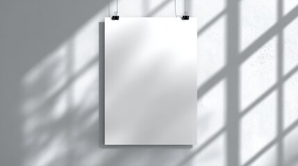 Blank White Poster Hanging on Wall with Window Shadow Overlay