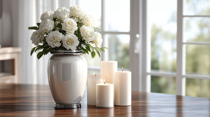 a calm and respectful indoor scene featuring an elegant cremation urn surrounded by white roses, candles, and soft window light, subtle reflections on polished wood surface, atmosp