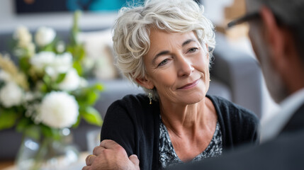 a kind funeral home staff member offering a comforting gesture to a grieving family, modern interior with floral decor and soft natural light, expression of empathy and support, ph