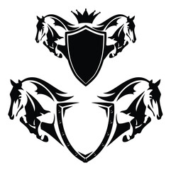 jumping forward horse head and front legs with simple heraldic shield and royal crown - horseback riding or breeding black and white vector emblem design