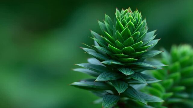 Close Up Of Fresh Bright Green Araucaria Branch With Needles Under Soft Natural Light Against A Blurry Green Background Creating A Peaceful And Natural Aesthetic