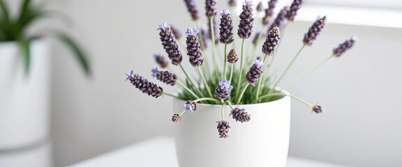 Serene purple lavender in a simple white pot, minimalist home decor,  clean,  image
