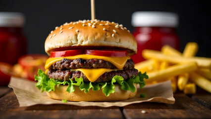 Double Cheeseburger with French Fries on Rustic Wooden Table