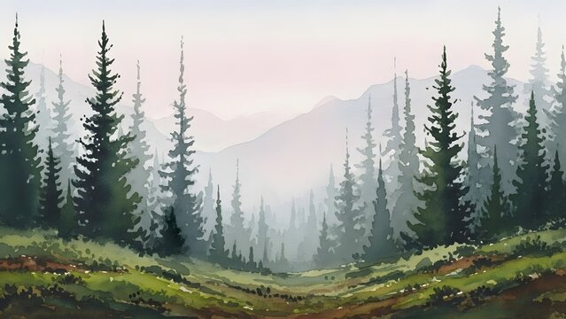 Watercolor painting of a misty forest landscape evergreen trees and mountains serene nature scene