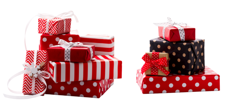 Delightful stacks of Christmas gifts wrapped in vibrant red, white, and polka dot paper with elegant ribbons ready for holiday celebrations and festive giving