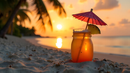 Tropical Cocktail in Jar on Beach at Sunset