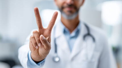 cinematic realistic candid, shallow depth of field photo of a doctor in white lab coat in exam room holding his arm and hand to camera making the V peace sign with his fingers