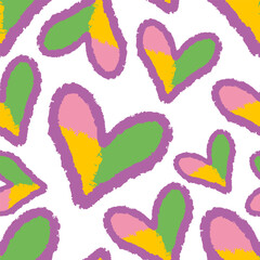 Chaotic vector seamless texture with repeated overlapping colorful hearts outlined by a textured purple brush stroke. A vibrant, playful, and expressive background for apparel or product packaging.