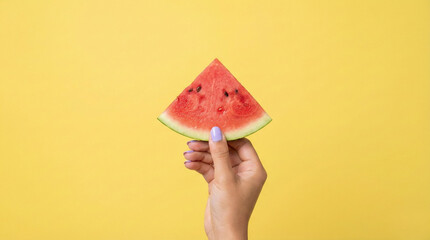 A small triangular slice of fresh watermelon held by a hand against a bright yellow background