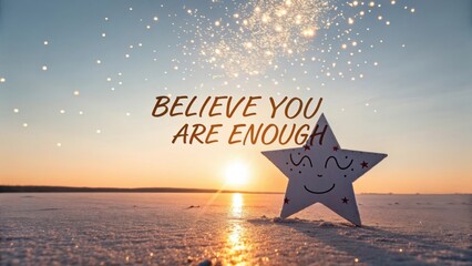 A smiling star with positive quote during bright sunrise