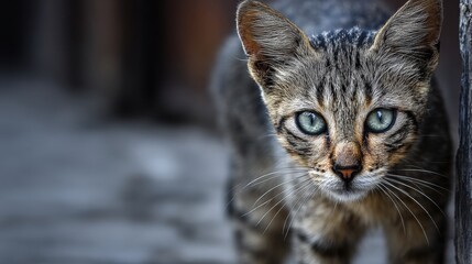Close-up of Tabby Cat Face with Green Eyes
