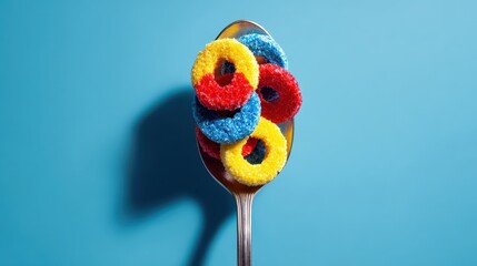 Close Up View of Spoon Holding Colorful Cereal Pieces on Blue Background