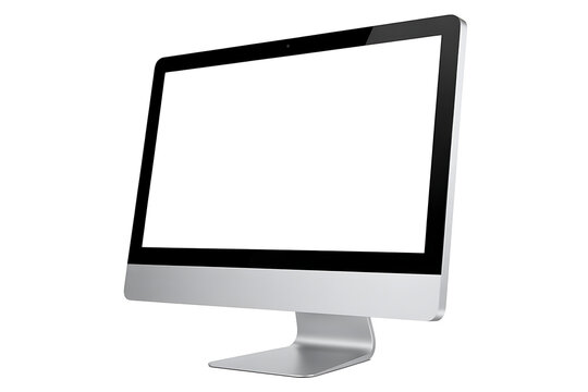 Modern silver desktop computer monitor with a blank white screen, angled view, isolated on white background