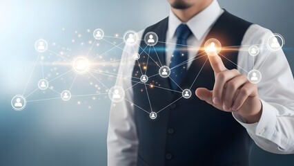 Businessman interacting with a digital network of people and connections