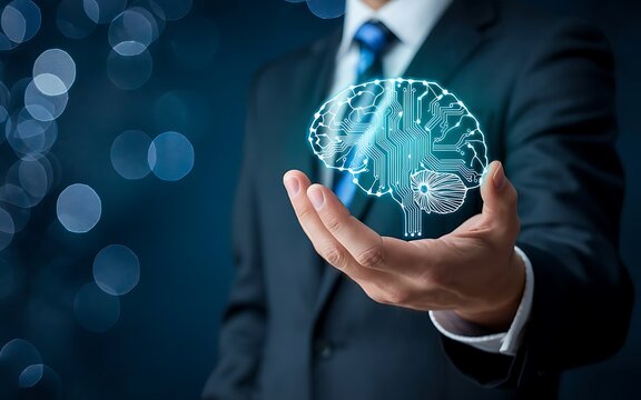 Businessman Displaying a Glowing AI Brain Hologram on Dark Background