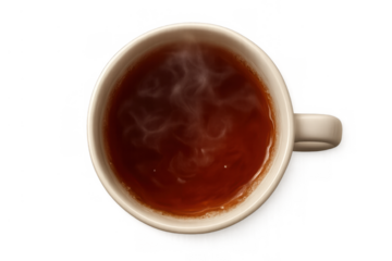 Mug of brewing hot tea or coffee with steam rising, top view on transparent background for easy use