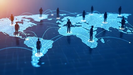 Global network connection with people silhouettes on world map background