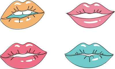 Colorful lip collection pop art mouths in orange pink and turquoise