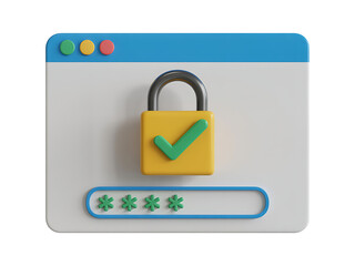 Secure login concept with a 3d padlock and password field in a browser window, isolated on white background