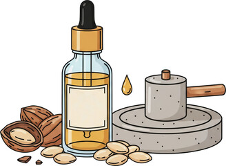 Argan Oil Bottle and Stone Mill