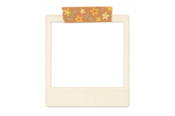 Instant film frame with floral patterned tape, creating a vintage scrapbook aesthetic for memories, transparent background