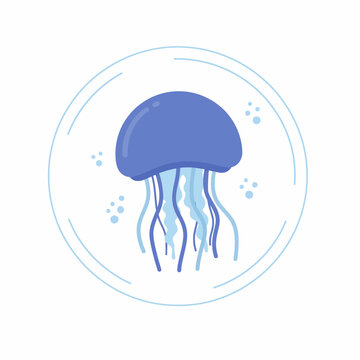 A stylized blue jellyfish illustration within a light blue circular border