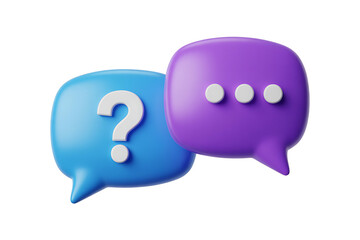 3d blue question mark and purple ellipsis speech bubbles, isolated on white background