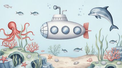 Underwater adventure with a white submarine, a red octopus, a playful dolphin, and colorful marine life