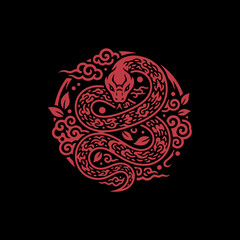 A detailed illustration of a red snake coiled within a circular decorative design.