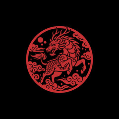 A striking red Chinese dragon emblem set against a stark black background, symbolizing power and tradition.