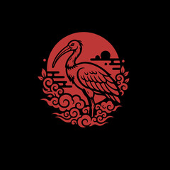 Red ibis bird in traditional Japanese art style with sun and clouds on black background.