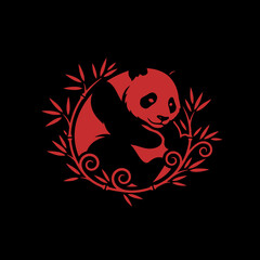 A red panda illustration surrounded by bamboo, set against a black background, a charming design.