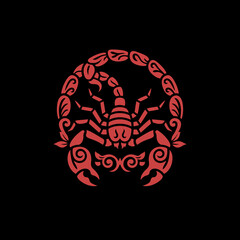 Red scorpion illustration on black background, stylized and symmetrical design.