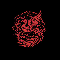 A majestic red Chinese phoenix, or Fenghuang, depicted in a traditional circular emblem with stylized clouds on a black background.
