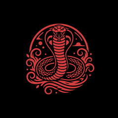 A striking red cobra snake illustration with intricate swirling patterns on a black background, symbolizing power and danger.