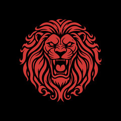 Red lion head with an open mouth on a black background.