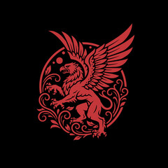 A red heraldic griffin with spread wings inside an ornate circular frame on a black background.