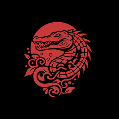 A striking red illustration of a stylized alligator or crocodile emerging from swirling water against a dark background.