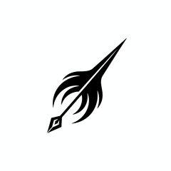 Stylized black quill pen with decorative feathering, isolated on a white background.