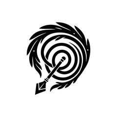 Stylized black and white emblem featuring a spear hitting a target surrounded by swirling organic elements.