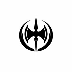 Black and white illustration of a symmetrical axe emblem with a spearhead in the center and curved wings.