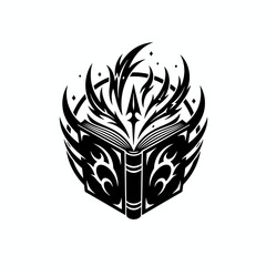 Stylized black and white illustration of an open book with flame-like designs emanating from it.